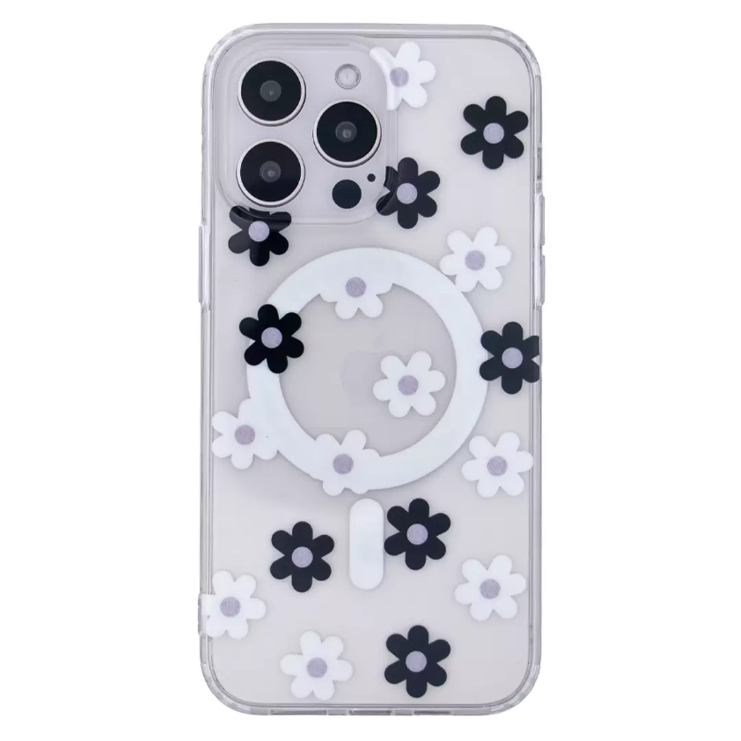 iPhone 14 Designed Case MagSafe Black and White Floral